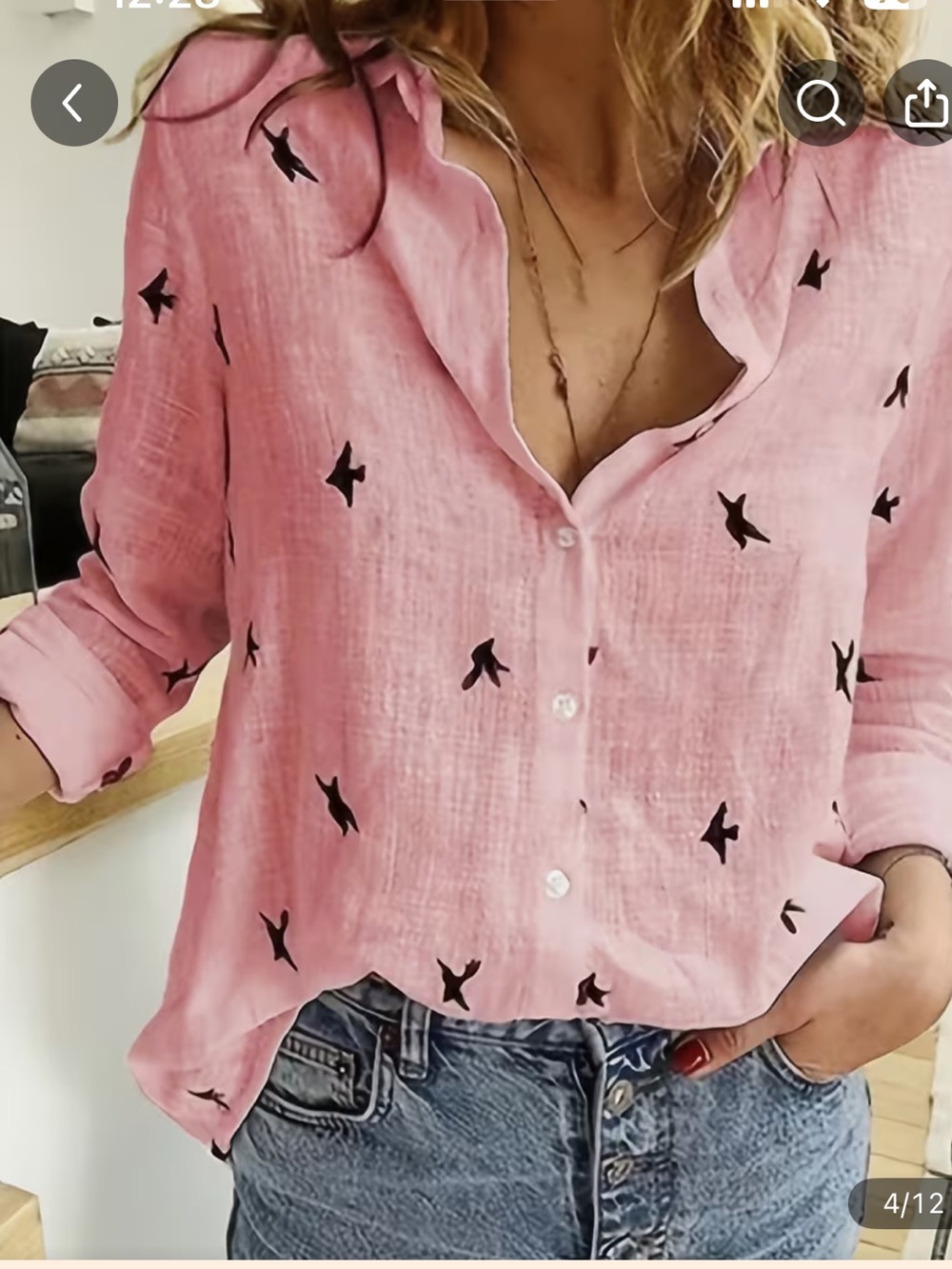 Source Unknown Pink Button-Up Blouse with Black Bird Motif